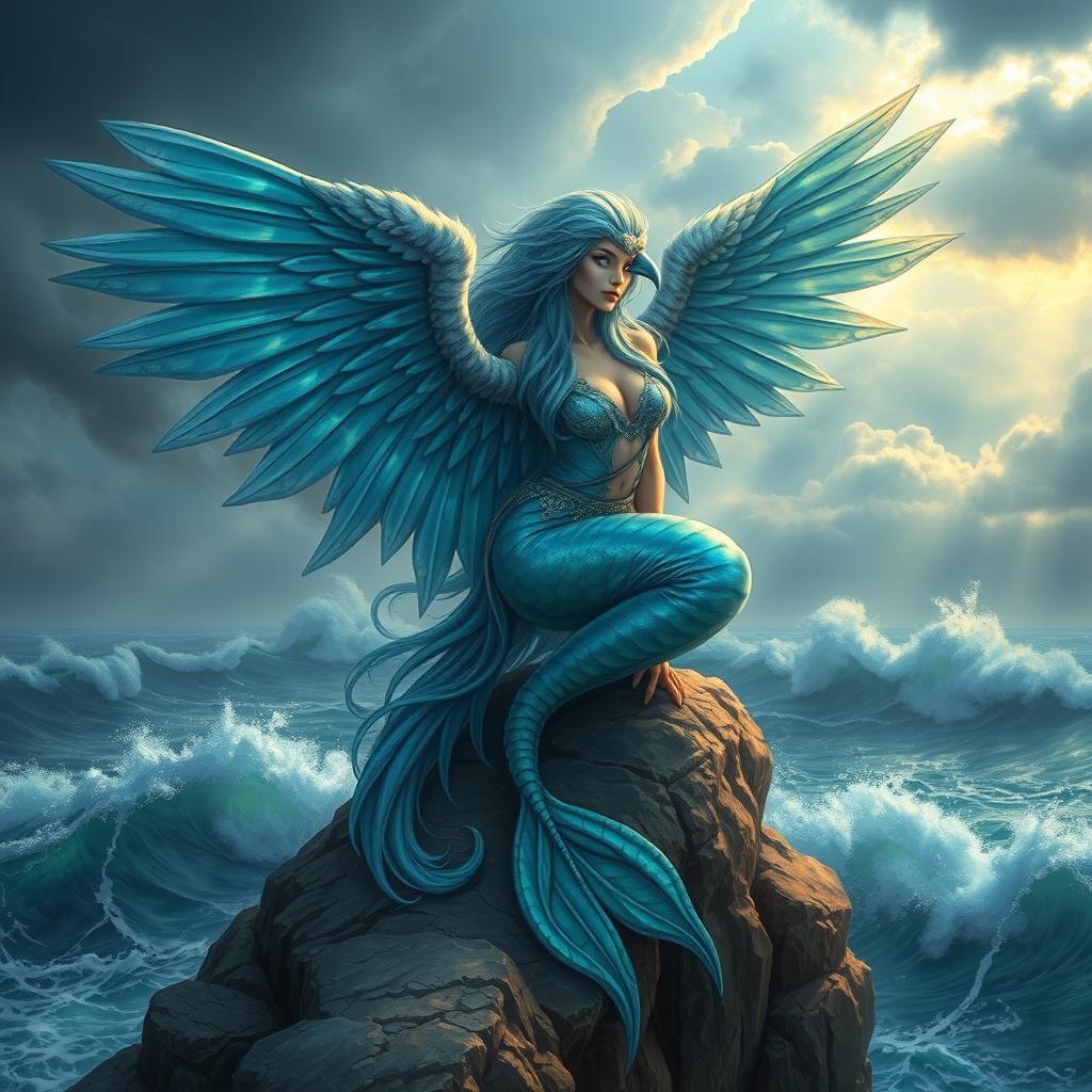 A captivating Sea Harpy, a mythical creature blending elements of a bird and a beautiful woman, perched on a rocky cliff overlooking a turbulent ocean