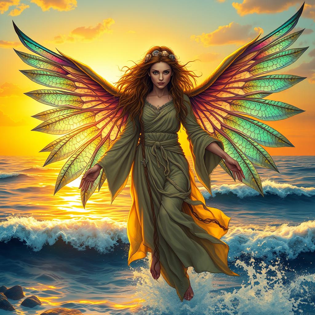 A Sea Harpy Druid Woman with stunning, iridescent wings, gracefully hovering above the ocean waves