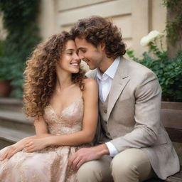 Generate a wonderful romantic scene with an idealized couple radiating love and complicity. They are sitting across each other, the woman with long, curly chestnut hair, mulatta skin, and honey-colored eyes, the man with short, dark brown curly hair, dapper sides and brown eyes. Their hands intertwined, faces full of profound love. Their harmonious outfits are either red or blue.