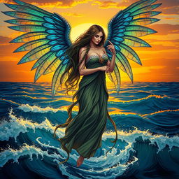 A Sea Harpy Druid Woman with stunning, iridescent wings, gracefully hovering above the ocean waves