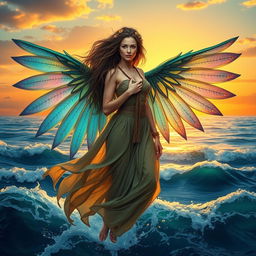 A Sea Harpy Druid Woman with stunning, iridescent wings, gracefully hovering above the ocean waves