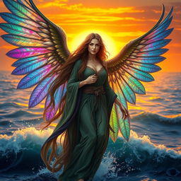 A Sea Harpy Druid Woman with stunning, iridescent wings, gracefully hovering above the ocean waves