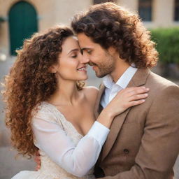 Generate a wonderful romantic scene with an idealized couple radiating love and complicity. They are sitting across each other, the woman with long, curly chestnut hair, mulatta skin, and honey-colored eyes, the man with short, dark brown curly hair, dapper sides and brown eyes. Their hands intertwined, faces full of profound love. Their harmonious outfits are either red or blue.