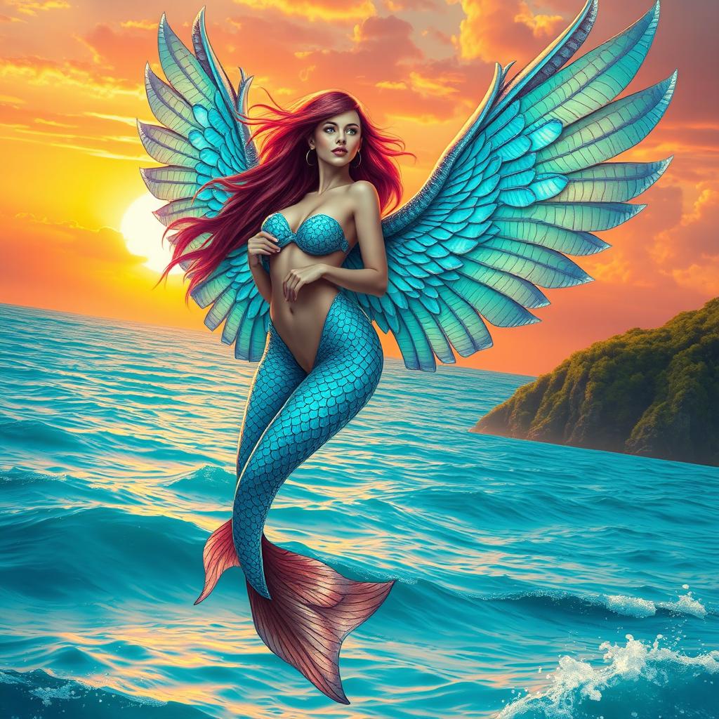 A stunning sea harpy with beautiful, iridescent wings, gracefully gliding above crystal-clear turquoise waters