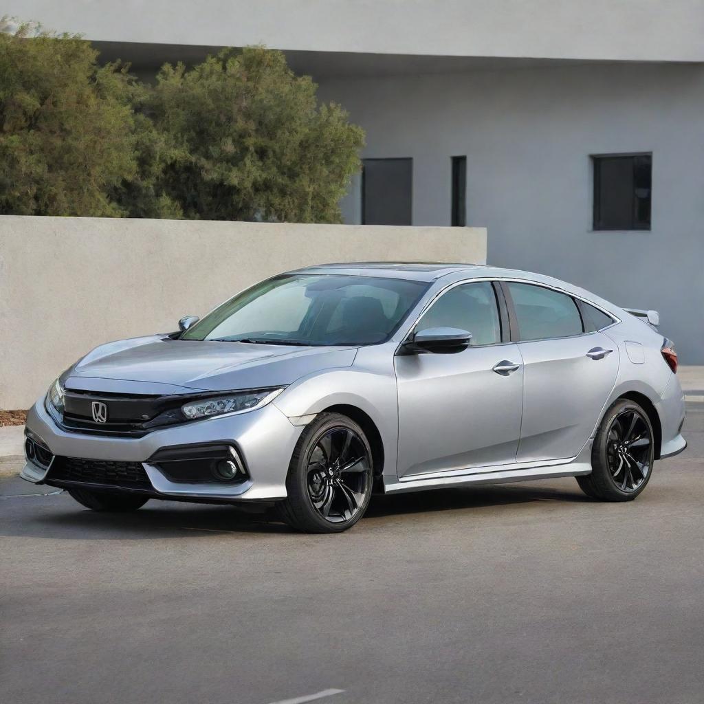 A brand new, dynamic Honda Civic in a sleek silver color, gleaming under the bright daylight, parked on a smooth tarmac