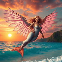 A stunning sea harpy with beautiful, iridescent wings, gracefully gliding above crystal-clear turquoise waters