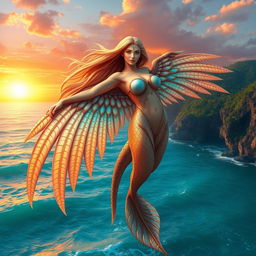 A stunning sea harpy with beautiful, iridescent wings, gracefully gliding above crystal-clear turquoise waters