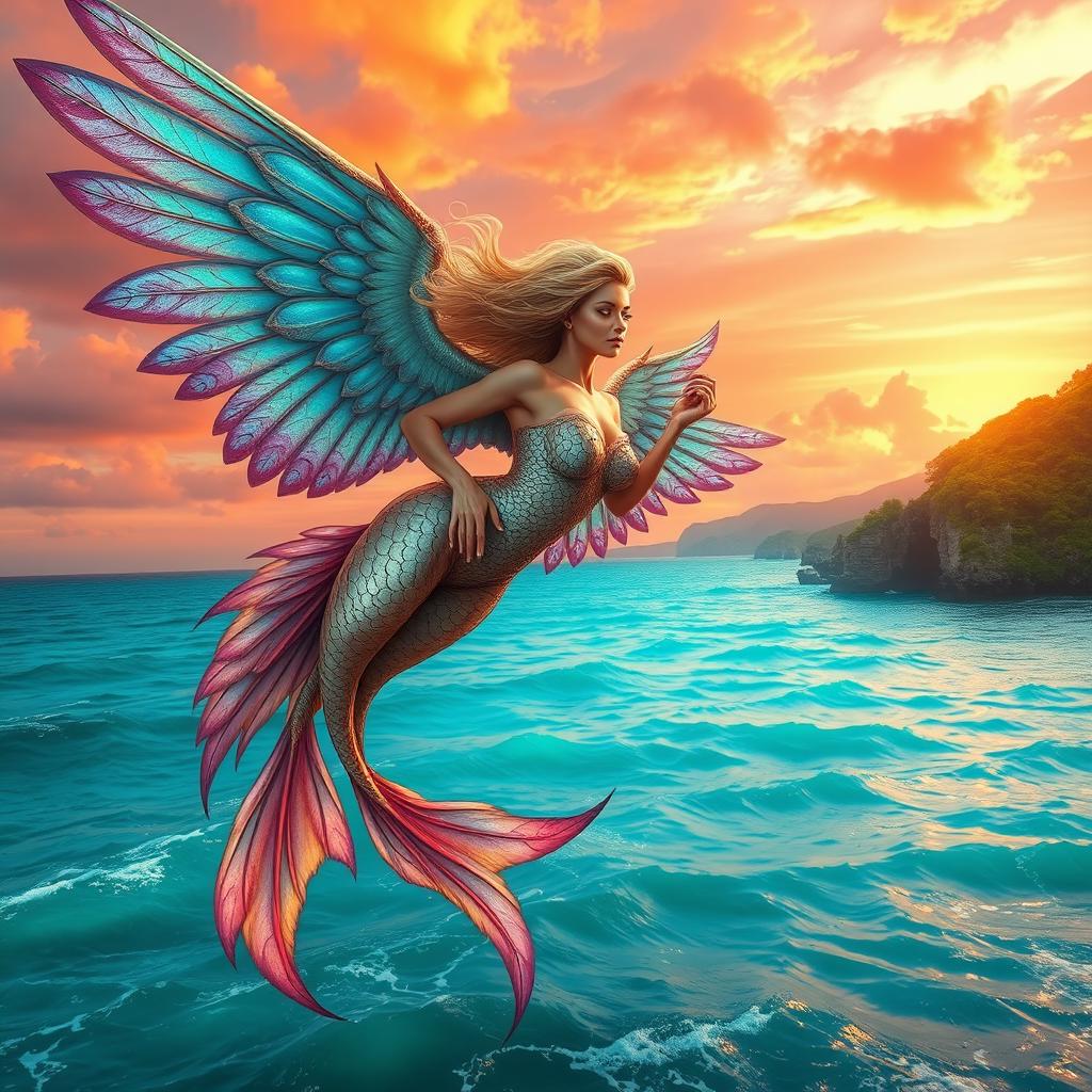 A stunning sea harpy with beautiful, iridescent wings, gracefully gliding above crystal-clear turquoise waters