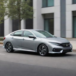 A brand new, dynamic Honda Civic in a sleek silver color, gleaming under the bright daylight, parked on a smooth tarmac