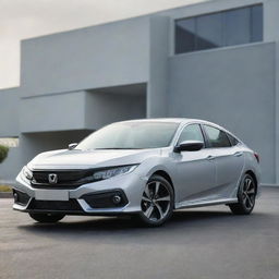 A brand new, dynamic Honda Civic in a sleek silver color, gleaming under the bright daylight, parked on a smooth tarmac