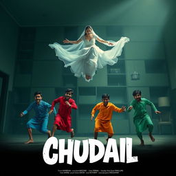 A cinematic horror comedy film poster named 'Chudail', featuring a beautiful 30-year-old woman ghost in an elegant, flowing white dress, gracefully flying in the air in a sitting position