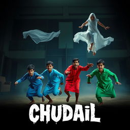 A cinematic horror comedy film poster named 'Chudail', featuring a beautiful 30-year-old woman ghost in an elegant, flowing white dress, gracefully flying in the air in a sitting position