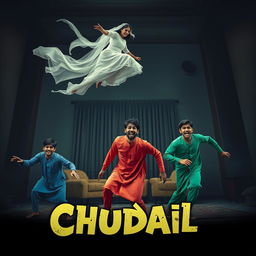 A cinematic horror comedy film poster named 'Chudail', featuring a beautiful 30-year-old woman ghost in an elegant, flowing white dress, gracefully flying in the air in a sitting position