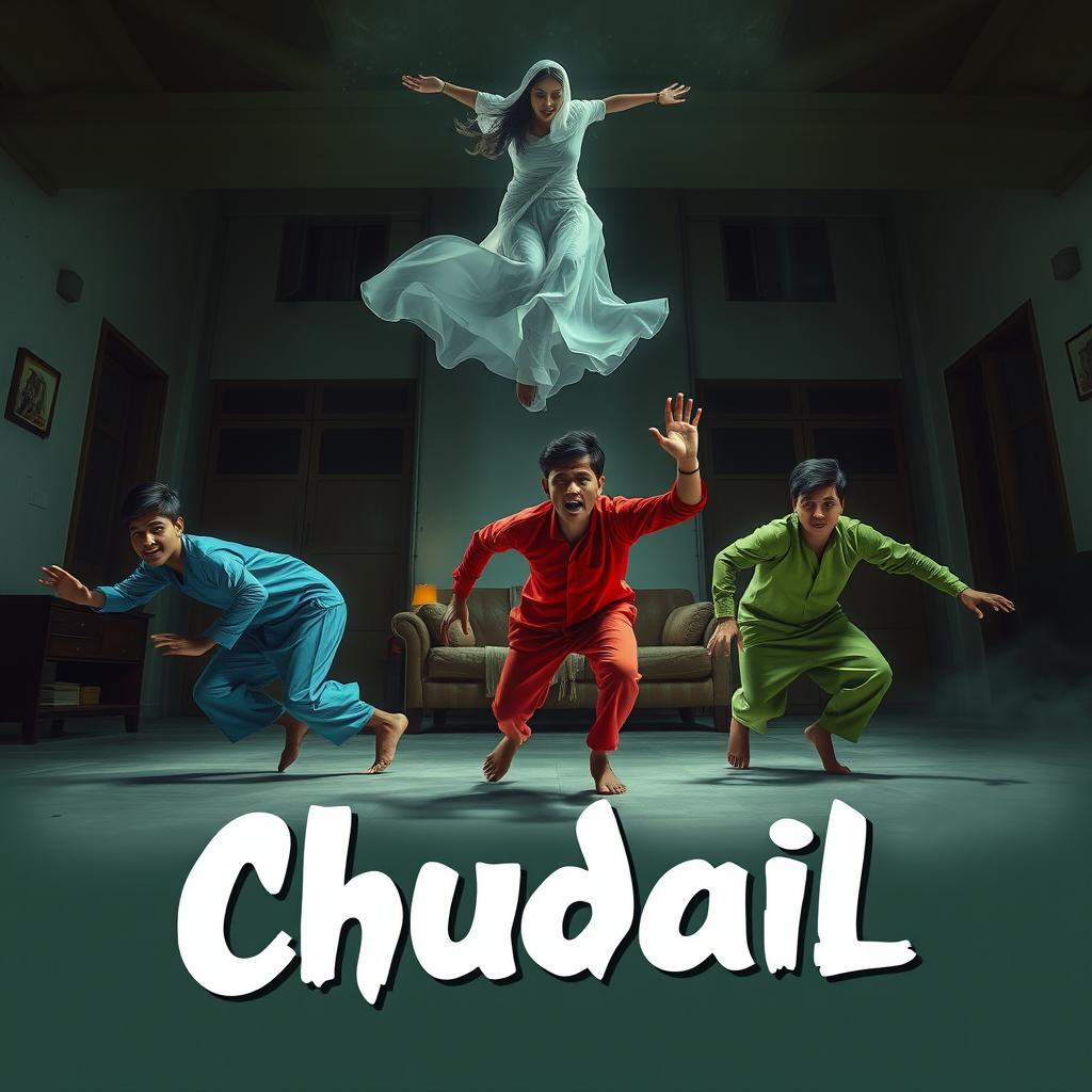 A cinematic horror comedy film poster named 'Chudail', featuring a beautiful 30-year-old woman ghost in an elegant, flowing white dress, gracefully flying in the air in a sitting position