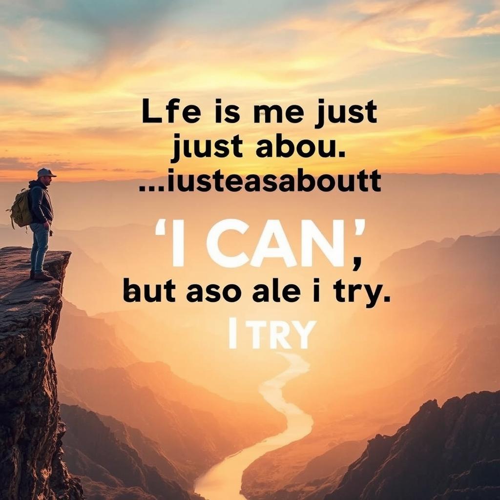 A motivational scene depicting a person standing at the edge of a cliff overlooking a vast landscape, symbolizing perseverance and the journey of trying despite challenges