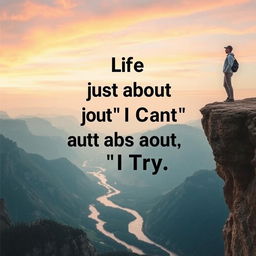 A motivational scene depicting a person standing at the edge of a cliff overlooking a vast landscape, symbolizing perseverance and the journey of trying despite challenges