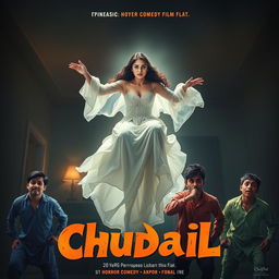 A cinematic horror comedy film poster for 'Chudail' featuring a beautiful 30-year-old female ghost in a flowing, elegant white dress, gracefully flying in the air in a sitting position