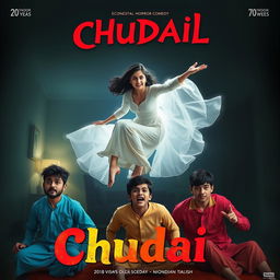 A cinematic horror comedy film poster for 'Chudail' featuring a beautiful 30-year-old female ghost in a flowing, elegant white dress, gracefully flying in the air in a sitting position