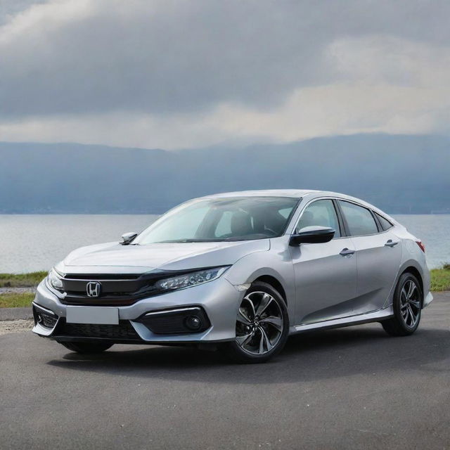 A brand new, dynamic Honda Civic in a sleek silver color, gleaming under the bright daylight, parked on a smooth tarmac