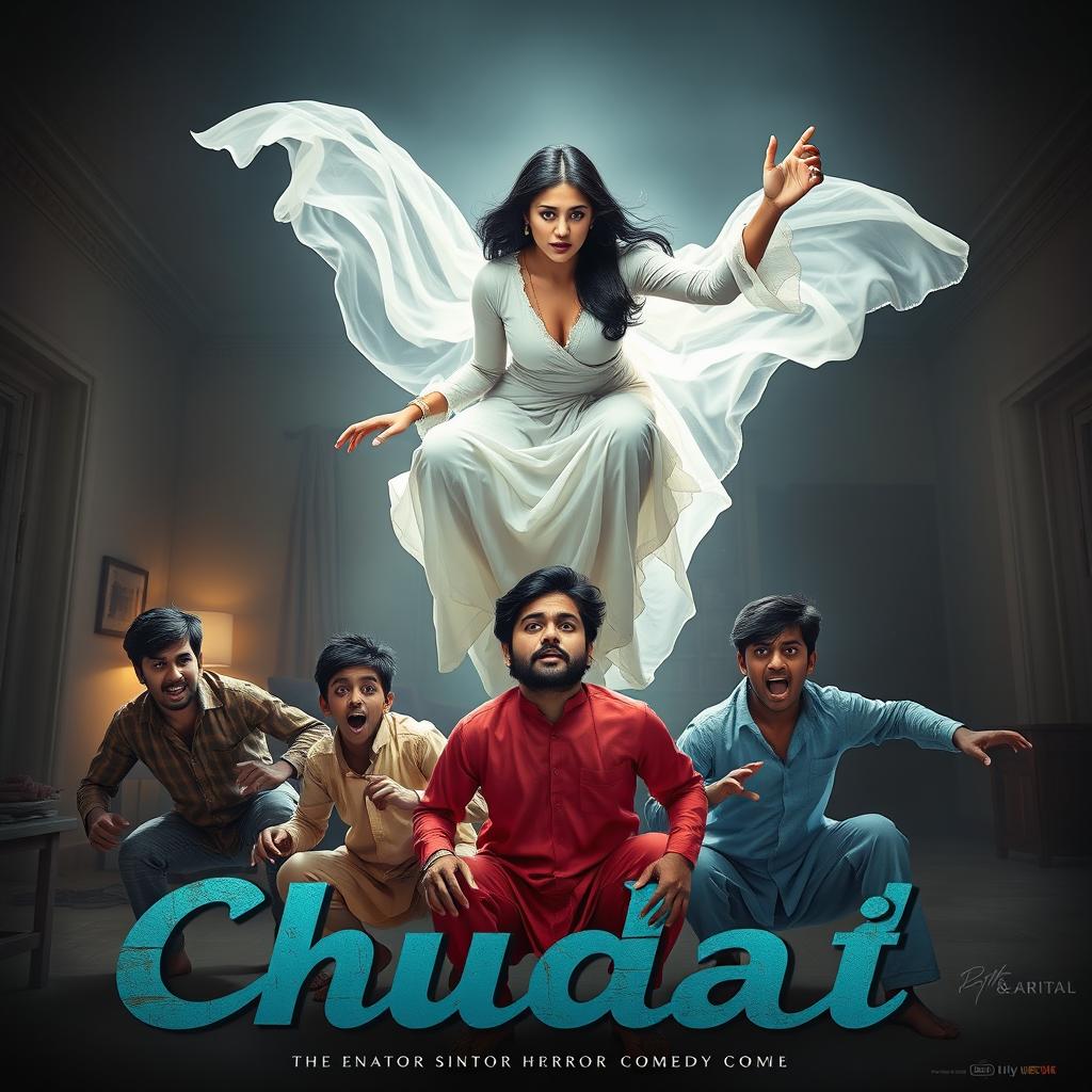 A cinematic horror comedy film poster for 'Chudail' featuring a beautiful 30-year-old female ghost in a flowing, elegant white dress, gracefully flying in the air in a sitting position