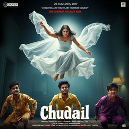 A cinematic horror comedy film poster for 'Chudail' featuring a beautiful 30-year-old female ghost in a flowing, elegant white dress, gracefully flying in the air in a sitting position