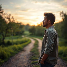 An inspiring and thoughtful scene depicting a person standing at a crossroads, contemplating a significant decision