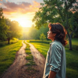 An inspiring and thoughtful scene depicting a person standing at a crossroads, contemplating a significant decision