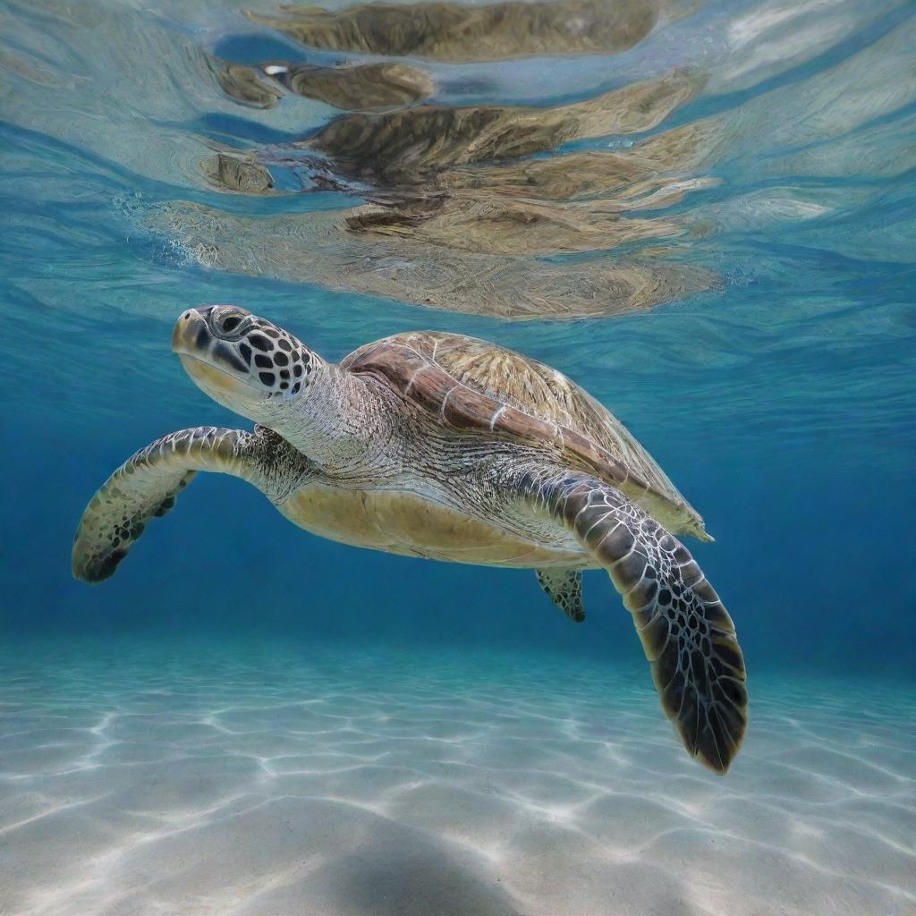 A detailed image of a green turtle swimming gracefully beneath the surface of a pristine clear ocean, casting a serene view of sea life.