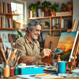 A beautifully inspirational scene of a person engrossed in their work, surrounded by tools of their trade that reflect their passion