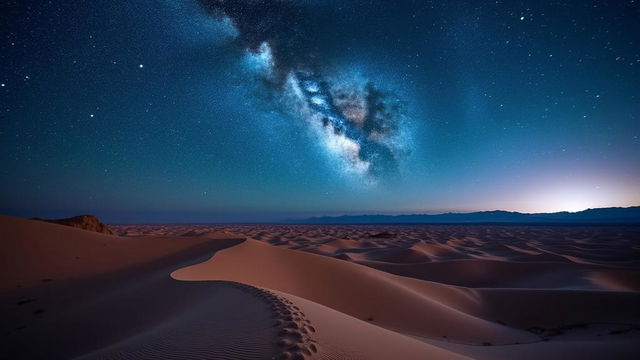 A breathtaking night sky shot above a vast desert landscape, capturing the stunning stars twinkling against the deep blue and black sky