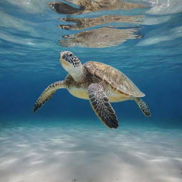 A detailed image of a green turtle swimming gracefully beneath the surface of a pristine clear ocean, casting a serene view of sea life.