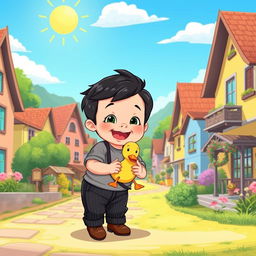 A vibrant cartoon illustration of a sunny village scene featuring a 10-month-old baby boy with thick black hair