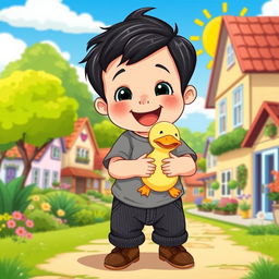 A vibrant cartoon illustration of a sunny village scene featuring a 10-month-old baby boy with thick black hair