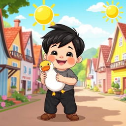 A vibrant cartoon illustration of a sunny village scene featuring a 10-month-old baby boy with thick black hair