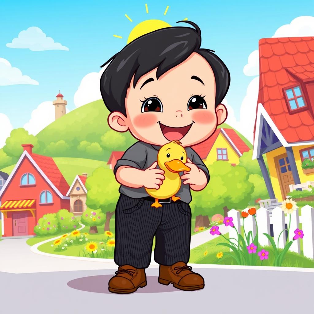 A vibrant cartoon illustration of a sunny village scene featuring a 10-month-old baby boy with thick black hair