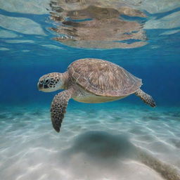 A detailed image of a green turtle swimming gracefully beneath the surface of a pristine clear ocean, casting a serene view of sea life.