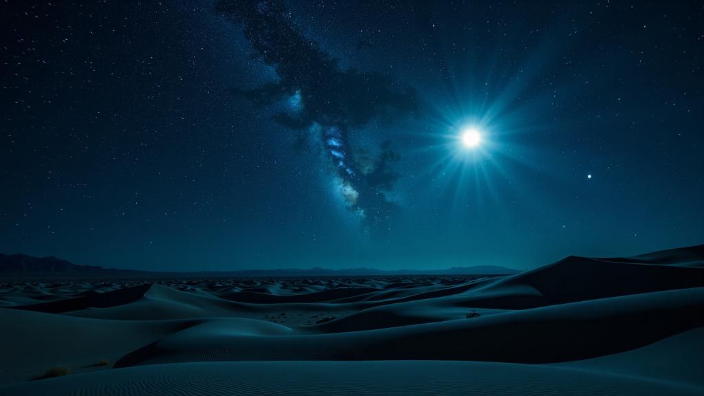 A stunning professional photograph of a night sky above a vast desert