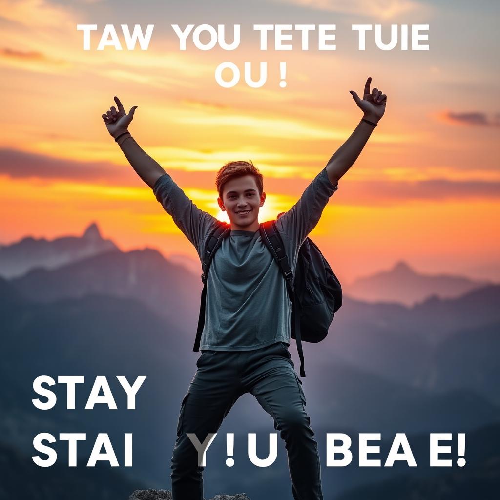 A motivational scene depicting a confident young adult standing on a mountain peak, arms raised triumphantly towards the sky as the sun sets in the background, symbolizing courage and determination