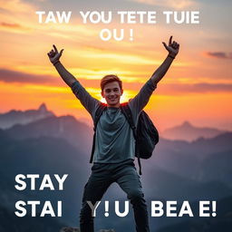 A motivational scene depicting a confident young adult standing on a mountain peak, arms raised triumphantly towards the sky as the sun sets in the background, symbolizing courage and determination