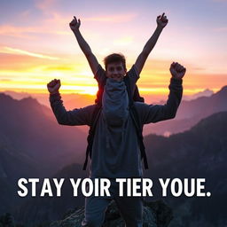 A motivational scene depicting a confident young adult standing on a mountain peak, arms raised triumphantly towards the sky as the sun sets in the background, symbolizing courage and determination