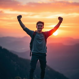 A motivational scene depicting a confident young adult standing on a mountain peak, arms raised triumphantly towards the sky as the sun sets in the background, symbolizing courage and determination