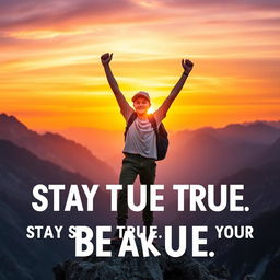 A motivational scene depicting a confident young adult standing on a mountain peak, arms raised triumphantly towards the sky as the sun sets in the background, symbolizing courage and determination