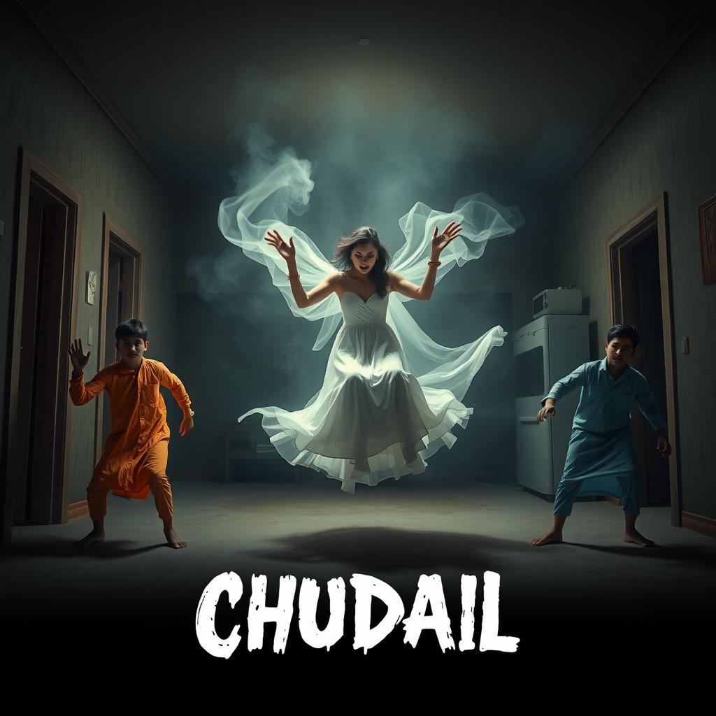 A cinematic horror comedy film poster titled 'Chudail', featuring a beautiful 30-year-old female ghost in a stunning white dress, gracefully flying in a sitting position within a spacious, dimly lit flat