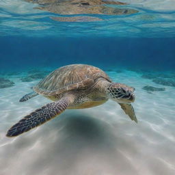 A detailed image of a green turtle swimming gracefully beneath the surface of a pristine clear ocean, casting a serene view of sea life.