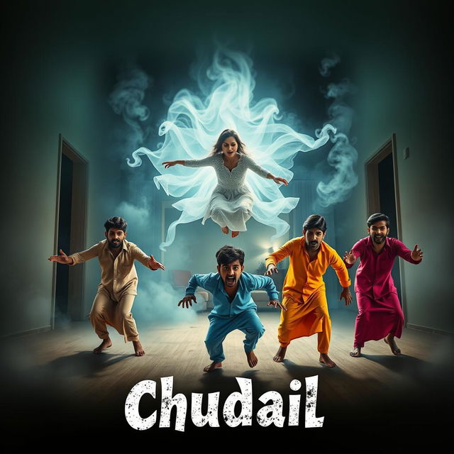 A cinematic horror comedy film poster titled 'Chudail', featuring a beautiful 30-year-old female ghost in a stunning white dress, gracefully flying in a sitting position within a spacious, dimly lit flat