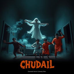 A cinematic horror comedy film poster titled 'Chudail', featuring a beautiful 30-year-old female ghost in a stunning white dress, gracefully flying in a sitting position within a spacious, dimly lit flat