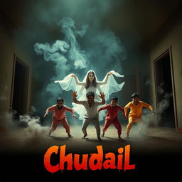 A cinematic horror comedy film poster titled 'Chudail', featuring a beautiful 30-year-old female ghost in a stunning white dress, gracefully flying in a sitting position within a spacious, dimly lit flat