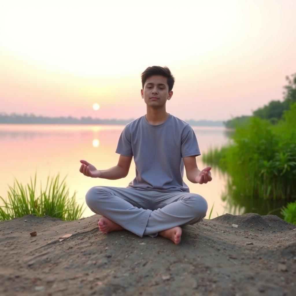 A serene and introspective scene featuring a young person sitting cross-legged on a tranquil lakeside at sunrise