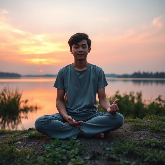 A serene and introspective scene featuring a young person sitting cross-legged on a tranquil lakeside at sunrise