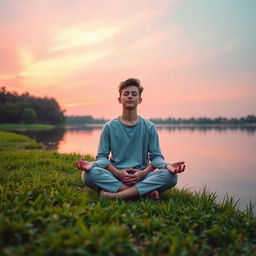 A serene and introspective scene featuring a young person sitting cross-legged on a tranquil lakeside at sunrise